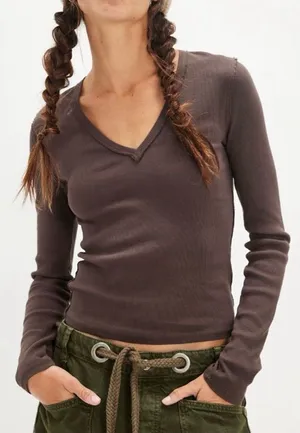 NWT Free People We The Free Neria Long Sleeve Top - double espresso brown - M thumbnail 1