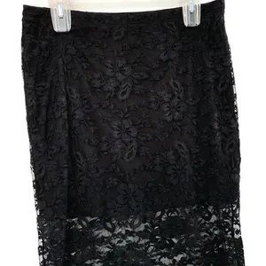 Black Floral Lace Pencil Midi Skirt XL Sheer Stretch Lined thumbnail 6