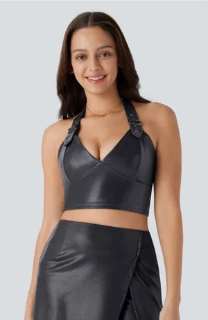 NWOT Halara Shiny Dusty Black SoftlyZero Faux Leather Halter Cropped Tank Top thumbnail 1