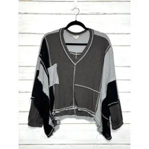 POL Patchwork Thermal Top Small Oversized Cropped Raw Hem Colorblock Boho thumbnail 2