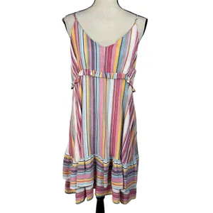 Umgee Large A-Line Mini Dress Striped V-Neck Lined Sleeveless Ruffled Multicolor thumbnail 1