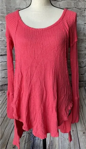 Free People Womens Shirt Sz XS Coral Waffle Knit‎ Long Sleeve Casual thumbnail 1