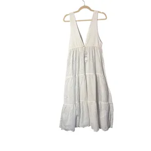 PilyQ Anne Eyelet Dress XS/S White Tiered Maxi Boho Coastal Unlined Coverup thumbnail 2