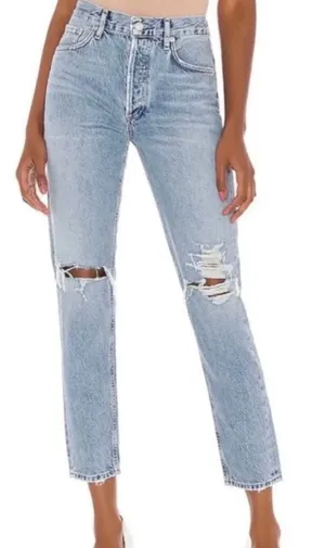 AGOLDE Riley High Rise‎ Straight Crop Jeans Light Wash Distressed Blue Size 25 thumbnail 1
