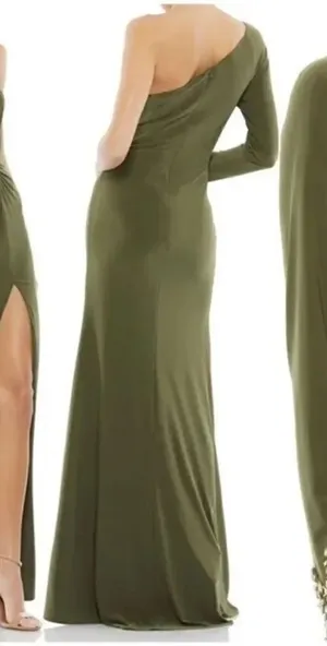 Mac Duggal 55696 Womens Olive ONE SLEEVE BEADED CUFF SIDE TWIST GOWN thumbnail 1