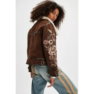 Free People Andies Vegan Moto Jacket Embroidered Floral Brown Bear Small NWT‎ thumbnail 12