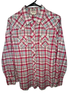 Ariat Fitted Pink White And Blue Fitted Plaid Western Snap Shirt W/Rhinestones thumbnail 1
