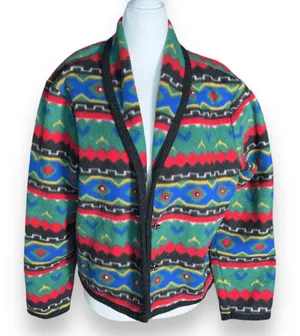 Vintage Southwestern Fleece Cardigan Jacket Colorful Concho Buttons Medium Boho thumbnail 1