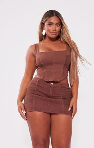 Pretty Little Thing Brown denim skirt set thumbnail 1