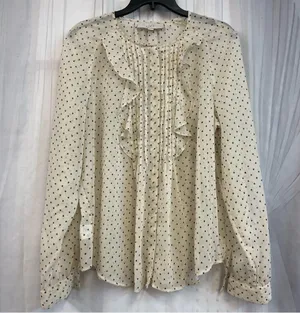 LOFT Ivory and Black Dotted Ruffle Blouse thumbnail 1