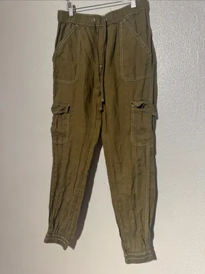 Nicole Miller Linen Cargo Jogger Pants Olive Green Sz S European Flax Contrast thumbnail 2