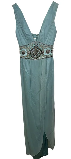 NWT Mandalay N Turquoise Silk Beaded Embellished Maxi Evening Gown Dress Size 6 thumbnail 1