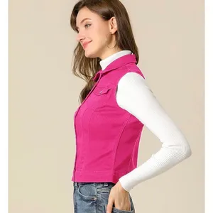 NWT Allegra K Fuchsia Denim Vest Button Front Flap Pocket Slim‎ XS thumbnail 2