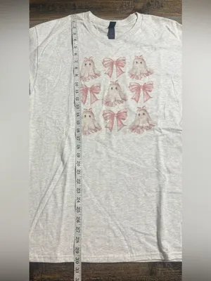 Gildan Ash Gray Tee with Pink Ghost & Bow Print thumbnail 7