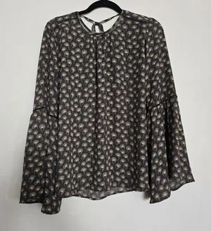 ANN TAYLOR LOFT Boho Peacock FeatherPrint Bell Sleeve Blouse Grey thumbnail 1
