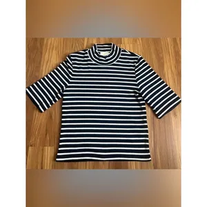 Maeve by Anthropologie Ribbed Mock Neck Striped Top Half Sleeve Black White S thumbnail 2