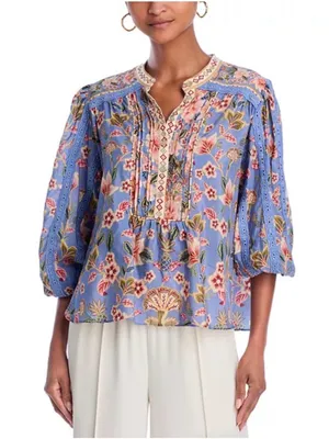 FARM Rio Super Bloom Tapestry Blue Floral Blouse Top Size M thumbnail 3