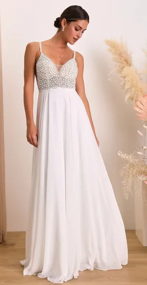 NWT Lulus Size 6 True Love White Beaded Rhinestone Maxi Dress Wedding Gown thumbnail 1