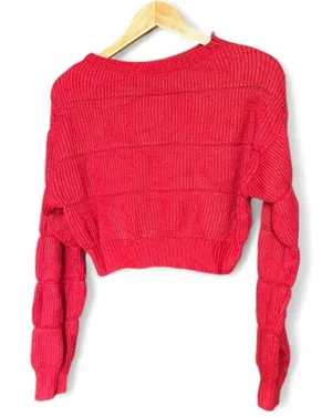 Red Cropped Knit Sweater Textured Balloon Sleeve Y2K Indie Sleaze S thumbnail 1