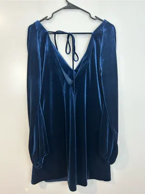 Free People Blue Velvet V-neck Long Balloon Sleeve Shift A-line Mini Dress Small thumbnail 9