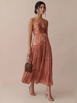 Few Moda NWT o.p.t East Dress size Large Rust Cowboy Copper midi pleated thumbnail 3