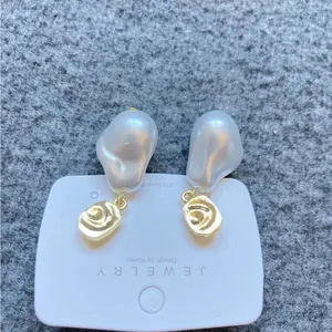 Irregular Pearl Drop Earrings with‎ Gold Stud | 925 Silver Post | Baroque Style thumbnail 4