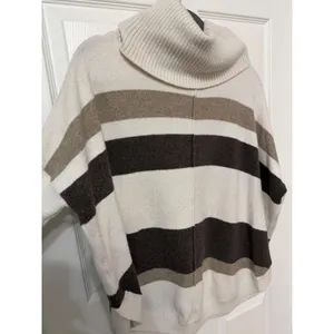 LOFT Womens Striped Cowl Neck Poncho Sweater‎ Cream Brown Tan Small thumbnail 4