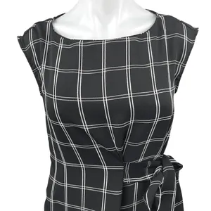 Ann Taylor LOFT Women Black White Plaid Cap Sleeve Tie Mini Sheath Dress Size 4 thumbnail 4
