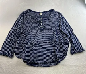 We The Free People S Small Hong Kong Henley Top Navy Striped Raw Hem Boho Beachy thumbnail 4