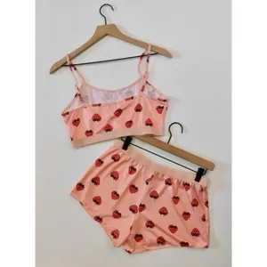 NEW!! STRAWBERRY Print Red Pink Cropped Loungewear Two Piece Set X-Large thumbnail 6