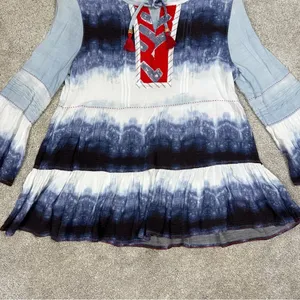 John Mark Ombre Tie Dye Tiered Blouse Tunic Peasant Tassel Artsy Bell Sleeve M thumbnail 7