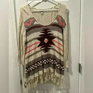 American Rag Cie Aztec Boho Sweater Size Medium with Tassels/ Fringe. thumbnail 3