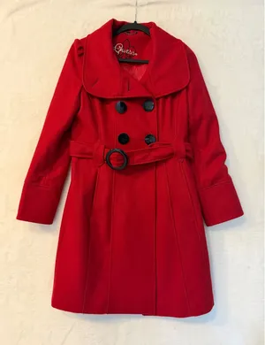 Guess Red Double Breasted Belted Pea Coat Women Size S Rouge Wool Blend Jacket thumbnail 1