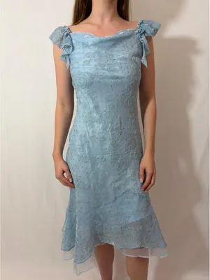 Light Blue Rose Floral Velvet Ruffle Japanese Vintage Formal Coquette Dress thumbnail 3