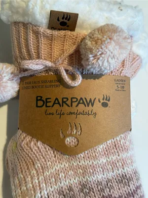 BearPaw nwt Pink Marled Knit Sherpa Slipper Socks with Pom Trim women’s 5-10 thumbnail 2