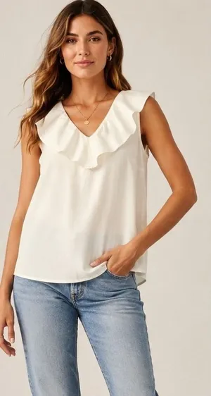 J.Crew Ruffle V-Neck Top Women Size‎ 2 White Sleeveless Cotton Blend Feminine thumbnail 1