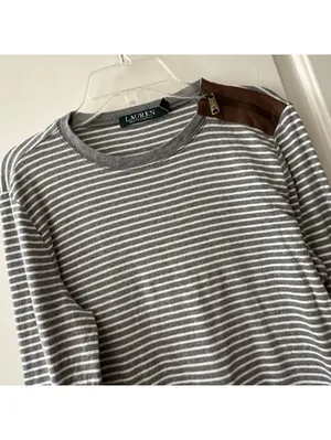 Lauren Ralph Lauren Large L Gray White Striped Long Sleeve T Shirt Brown Patches thumbnail 14