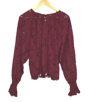 Free People Lace Blouse Womens Medium Burgundy Excellent Smocked Ruffle Keyhole thumbnail 1