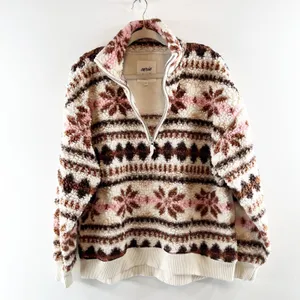 Aerie Hometown Holiday 1/4 Zip Fair Isle Sherpa Fleece Pullover Jacket White S thumbnail 2
