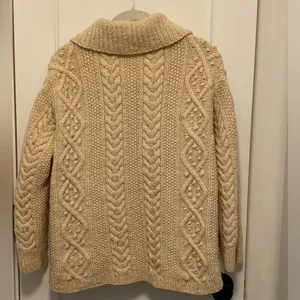 Vintage 100% Wool Hand knit Aran Dimond fisherman ivory cardigan sweater M/L thumbnail 3