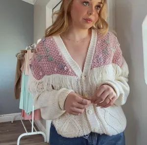 Vintage Cream with Pink Purple Floral Knit Sweater Cardigan Fringe thumbnail 2