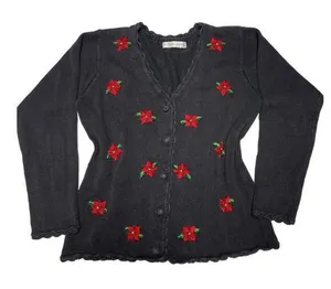 Victoria Jones VintageSweater Poinsettia Cardigan Beaded Christmas Grandma M thumbnail 1