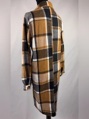 SheIn Plaid Long Coat/Jacket Shirt Camel Black White Plaid thumbnail 4
