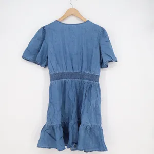 Blue Chambray Cotton Tiered Mini Dress Smocked Waist Flutter Sleeve Medium thumbnail 3