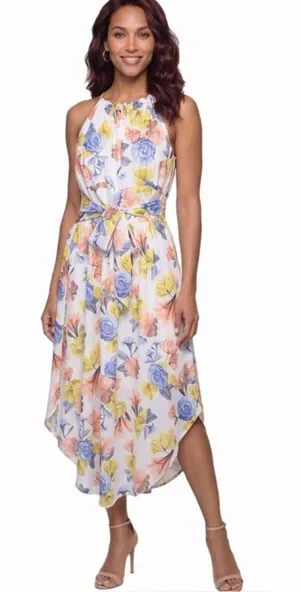 NSR Floral High-Low Midi Dress With Slit Back, Attached Tie, Made in USA Small thumbnail 1
