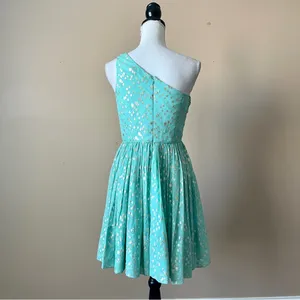 SHOSHANNA | Silk Blend Teal/Metallic Gold Rayna One-Shoulder Cocktail Dress Sz 4 thumbnail 7