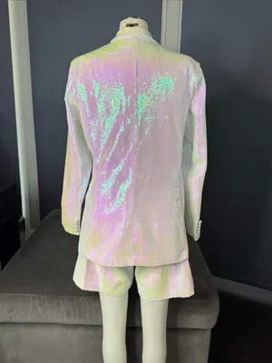 Women’s Iridescent White Sequin Shorts Suit Set Party Festival Size L NWT thumbnail 5