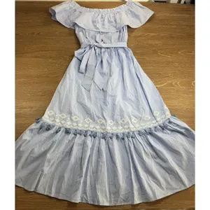 Flying Tomato Dress Women's L Blue White Pinstripe Off Shoulder Embroidered Boho thumbnail 2