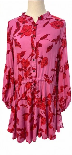Karlie Pink Red Floral Long Sleeve Mini Dress Medium Boho Tiered Rayon Boutique thumbnail 1