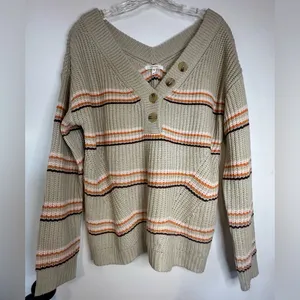 Maurices‎ Striped Vneck Knit Pullover Sweater Boho Tan Detail Womens size Med thumbnail 2